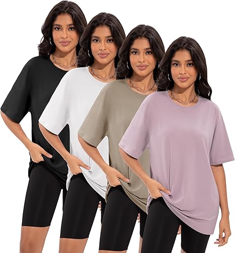 3/4 Pack Oversized Tshirts for Women. Loose Fit Crew Neck Summer Baggy Tops Workout Tees Plus Size T Shirts