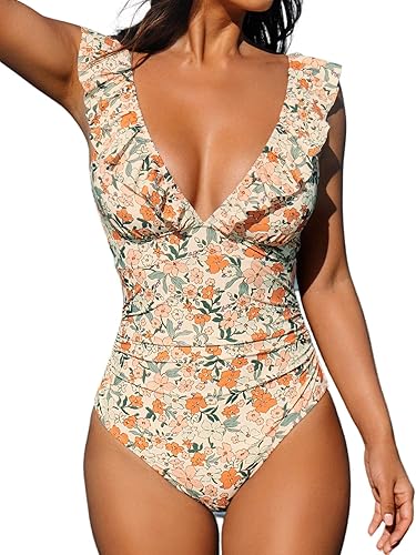 CUPSHE Womens Ruffled One Piece Swimsuit V Neck Lace Up