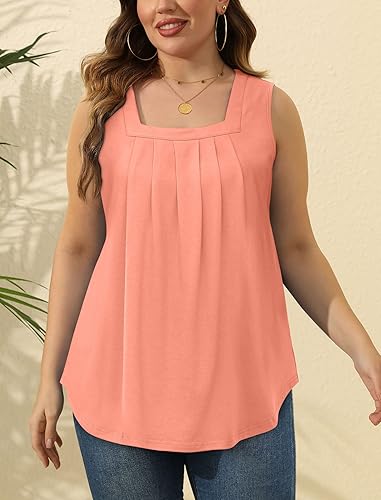 Saloogoe Summer Tank Tops for Women Loose Fit Pleated Square Neck Sleeveless Tops Curved Hem Flowy
