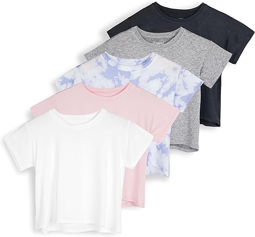 Real Essentials 5 Pack: Womens Dry Fit Crop Top - Short Sleeve Crew Neck Stretch Athletic Tee (Available in Plus Size)